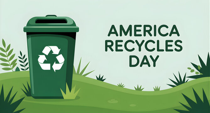 America recycles day with green recycle bin on grass