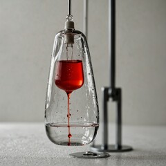 Close-up of red fluid dripping in IV bag on clinical stand