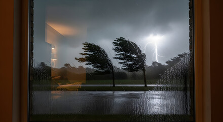 A dramatic window view of a stormy landscape, featuring rain and strong winds