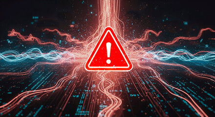  Glowing red exclamation mark as warning symbol on futuristic background with  data streams. Cybersecurity in high-tech digital environment