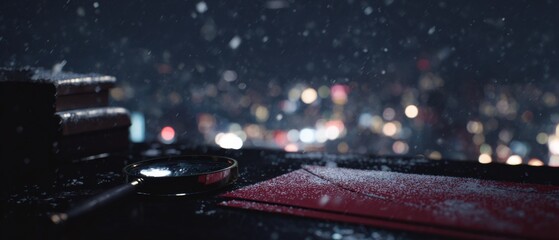 Detective’s snowy rooftop desk with a red-wax sealed Christmas letter