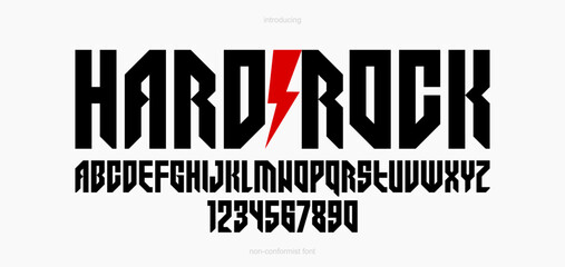 Bold and massive heavy geometric font for logo creation, modern geometrical vector display typeface, typography with no round elements, only corners and straight lines geometry. © Sylverarts