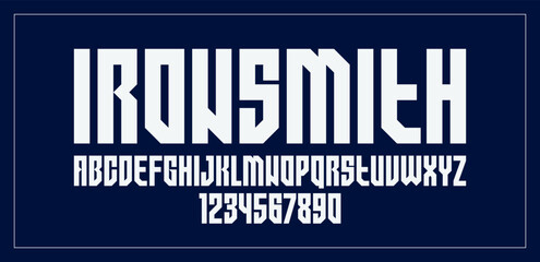 Urban massive geometric font for logos and emblems, minimal strong vector typeface, typography with no round elements, only corners and straight lines geometry.