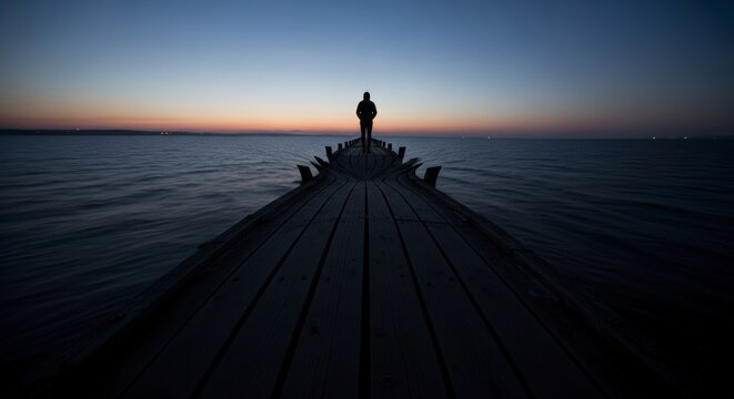 A solitary figure stands at the end of a weathered wooden pier overlooking the tranquil sea at dusk