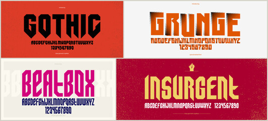 Gothic fonts vector set, vintage sharp cornered geometric typeface collection, strong and heavy alphabet typeset designs, easy to use for logo creation or titles.