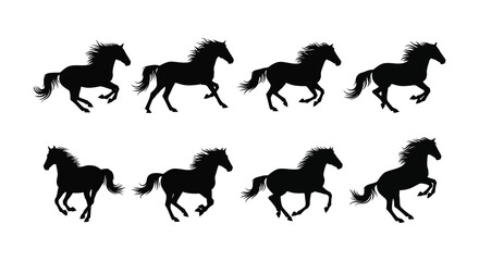 A series of black horse silhouettes galloping dynamically across white background