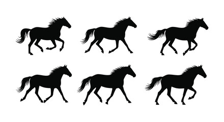A series of black horse silhouettes galloping dynamically across white background