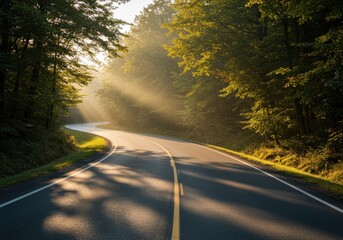 Serpentine asphalt roadway disappears into sunlit fog between dense forest borders