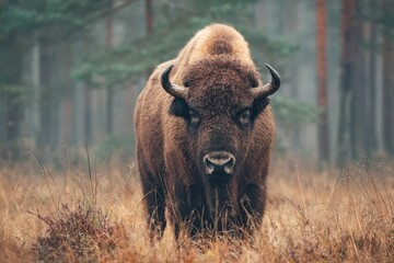 Bison Bonasus stands majestically in Bialowieza National Park's tranquil forest during early morning mist