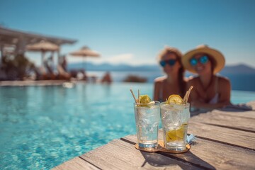 Happy couple enjoys refreshing cocktails by the pool during summer vacation in a beautiful seaside location