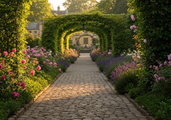 Well-maintained garden path lined with vibrant rose bushes and lavender passes beneath a green leafy arbor toward a distant building.