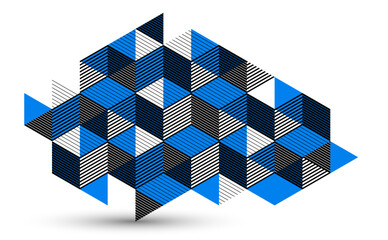 Abstract vector wallpaper with 3D isometric cubes blocks, geometric construction with blocks shapes and forms, op art low poly theme.