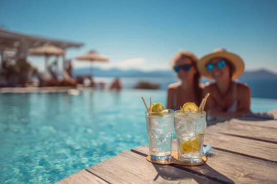 Happy couple enjoys refreshing cocktails by the pool during summer vacation in a beautiful seaside location