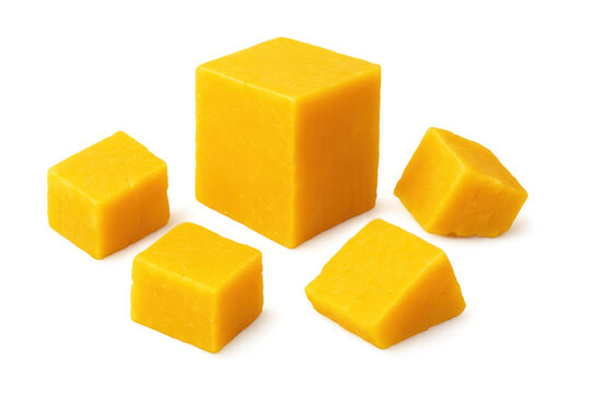 Yellow cheddar cheese cubes cut and ready for appetizer platter, snack, or ingredient, delicious dairy food on transparent background - Powered by Adobe