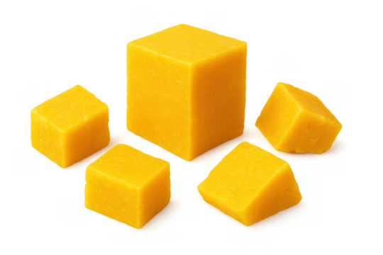 Yellow cheddar cheese cubes cut and ready for appetizer platter, snack, or ingredient, delicious dairy food on transparent background
