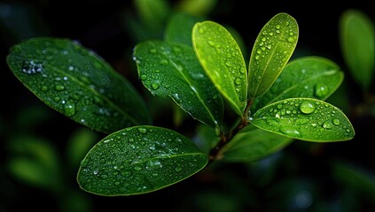 Close-up of lush green leaves, covered in water droplets