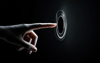 A hand points toward a swirling, light-filled portal in the dark