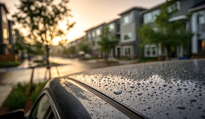 Raindrops on a car hood, sunset over a residential street