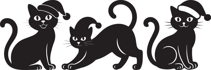 Cute Christmas Cat With Santa Hat Silhouette Vector collection. Christmas Vector Element .
