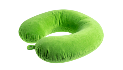 a green travel neck pillow, isolated on white background