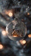 Cozy wooden cabin inside a giant transparent Christmas ornament