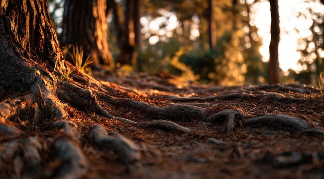 Sunlight filters through forest floor, highlighting gnarled roots