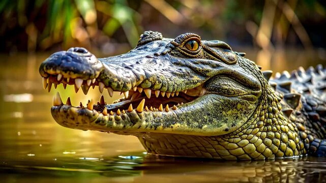 Close up of a caiman with its mouth open showing sharp teeth in murky water.