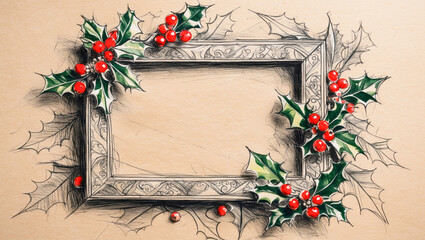 Pencil sketch of a decorated christmas frame on a textured paper background with visible pencil marks and gentle shading