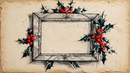 Pencil sketch of a decorated christmas frame on a textured paper background with visible pencil marks and gentle shading