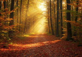 Bright sunbeams illuminate a woodland path covered with fallen leaves during the autumn season