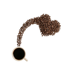 Aromatic infusion: Coffee beans form a heart shape above a cup of dark delight