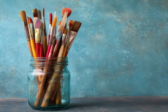 Assorted Paintbrushes Displayed in a Glass Jar Against a Teal Textured Backdrop