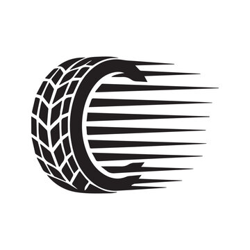 Fast moving tire icon with speed effect. Automotive, car racing, and tire shop logo concept. Black wheel silhouette vector illustration isolated on white background.
