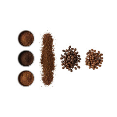 Coffee transformation showcasing roasted beans transitioning to fine ground in bowls
