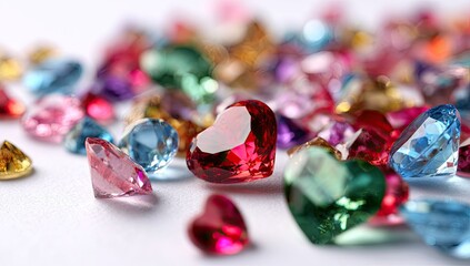 Colorful gemstones, various shapes and hues,  on white
