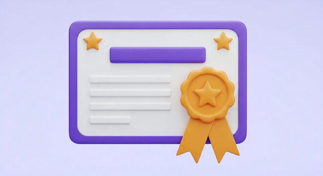 3d rendered certificate of achievement with ribbon and stars