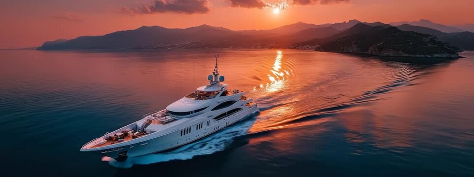 Luxury Yacht Cruising at Sunset on Calm Ocean Waters Near an Island