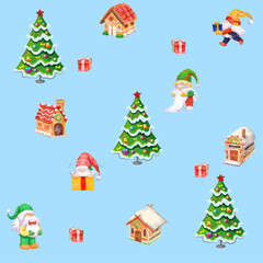 Seamless continuous pattern of dwarfs with gifts, festive decorated Christmas tree and gingerbread houses on a  blue background.eps