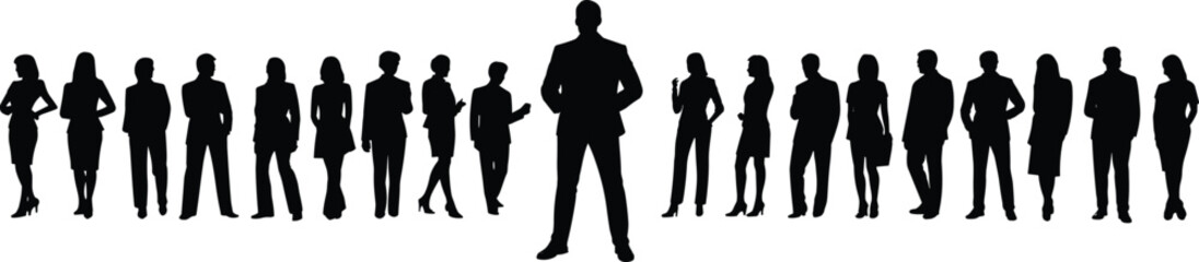 Silhouette business team standing, leadership and hierarchy concept, black vector icons, corporate posture set, cad drawing flat vector illustration