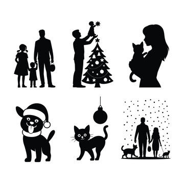 Christmas Family and Pet Silhouette Vector Bundle