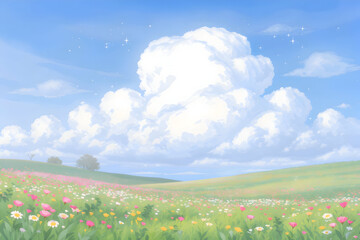 Dreamy Flower Field with Fluffy Clouds