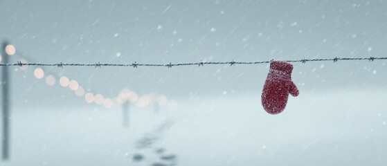 Single red mitten hanging on a snowy barbed wire fence