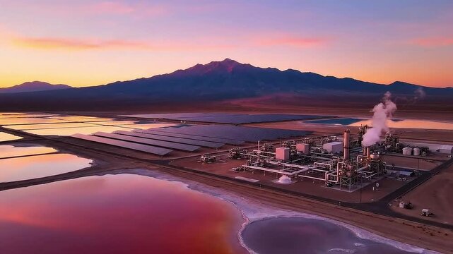 Aerial view of mineral mining evaporation ponds. Industrial landscape with brine pools reflects sunset light. Eco tech for lithium extraction in desert mountains. Critical raw material for electric