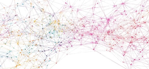 Abstract network graphic.  Multicolored lines and points interconnected, creating a complex, dynamic visual representation of relationships or data flow