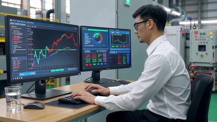 Analyzing Stock Market Data on Dual Monitors in Industrial Setting. - Powered by Adobe
