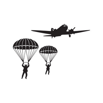 Silhouette of paratroopers jumping from a military transport airplane. Airborne soldiers with parachutes in the sky. Vector illustration for army, war, and skydiving concepts.
