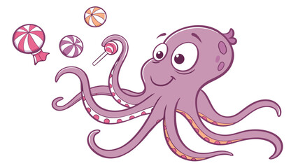 Delightful octopus juggling colorful candies, perfect for children's books or whimsical designs, bringing joy and sweetness to any project with a playful touch