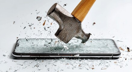 A hammer forcefully shatters a smartphone screen, sending glass shards flying