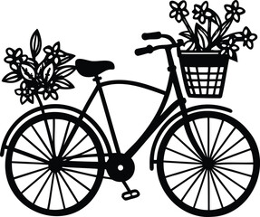 A vintage bicycle silhouette with an overflowing basket of flowers..