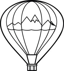 The silhouette of a hot air balloon floating above a simple, mountainous landscape..